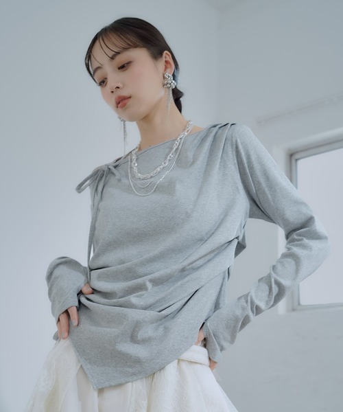 HARE（ハレ）の「ワンショルドレープT(HARE)（Tシャツ/カットソー・レディース・グレー/チェック/パープル・FREE）」の9枚目の写真