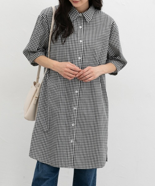 Honeys(ハニーズ)の「6分袖シャツワンピース(ワンピース・レディース・ブルー系その他3/ホワイト×ブラック/グリーン系その他/ネイビー/ホワイト×ネイビー・M/LL/L)」の1枚目の写真