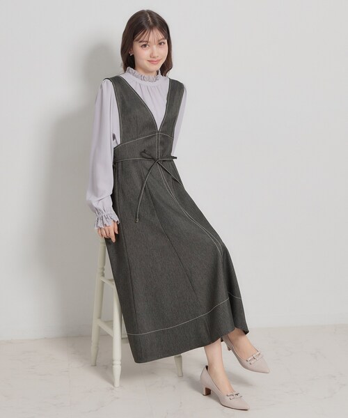 couture brooch（クチュールブローチ）の「【洗える】デニムライク細リボンジャンスカ（ワンピース・レディース・ブラック/ネイビー・36/42/40/38）」の3枚目の写真