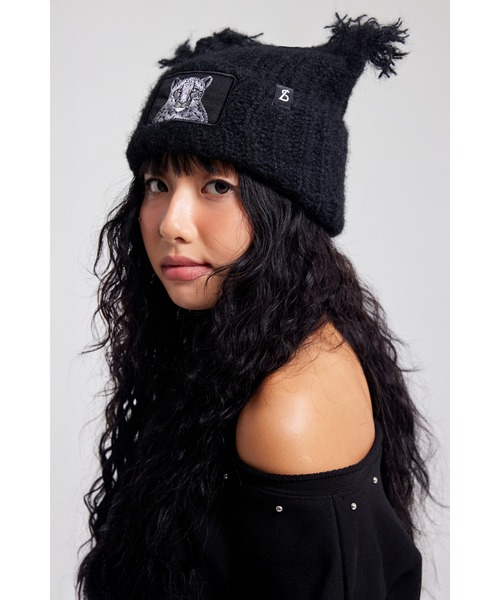 【肉厚生地・パピヨン刺繍】Needles ニードルス Beanie 黒 ニット帽 セール】アニマルワッペン タッセル付き イヤービーニー 【ヒョウ
