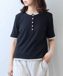 【M/L】バイカラーレイヤードライクヘンリーネックTシャツ
