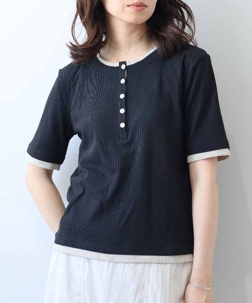leswel(レスウェル)の「【M/L】バイカラーレイヤードライクヘンリーネックTシャツ(Tシャツ/カットソー・レディース・ブラック/ブラウン/クリーム/ベージュ/イエロー・M/L)」の8枚目の写真