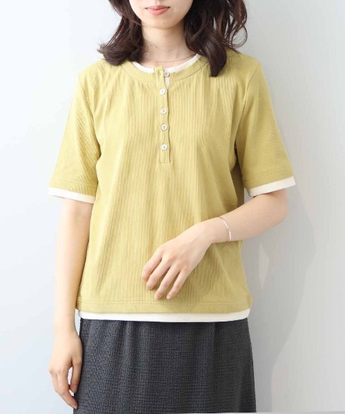 leswel(レスウェル)の「【M/L】バイカラーレイヤードライクヘンリーネックTシャツ(Tシャツ/カットソー・レディース・ブラック/ブラウン/クリーム/ベージュ/イエロー・M/L)」の12枚目の写真