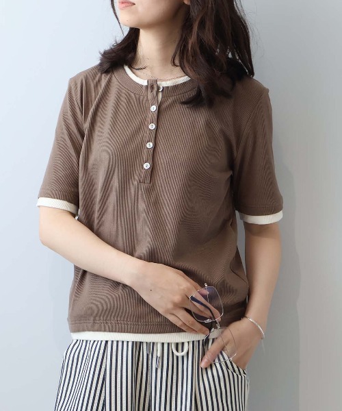 leswel(レスウェル)の「【M/L】バイカラーレイヤードライクヘンリーネックTシャツ(Tシャツ/カットソー・レディース・ブラック/ブラウン/クリーム/ベージュ/イエロー・M/L)」の20枚目の写真