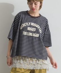 接触冷感 ボーダー 天竺 発泡ロゴ プリント ワイド Tシャツ
