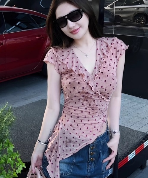 Ritzy(リッツィー)の「ドットチュールフリルアシメトップス(Tシャツ/カットソー・レディース・ピンク・M/L)」の1枚目の写真