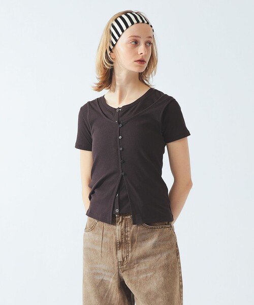 Ray BEAMS(レイビームス)の「タンクトップ レイヤード リブ カーディガン(Tシャツ/カットソー・レディース・ライトブルー/ダークブラウン/ブラック・ONE SIZE)」の1枚目の写真