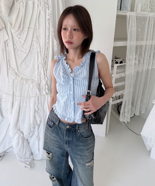4INT.（フォイント）の「ストライプ シャーリング クロップド ノースリーブ ブラウス（シャツ/ブラウス・レディース・ベージュ/ホワイト/ライトブルー・FREE）」の16枚目の写真