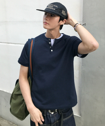 LEIRE（ルアール）の「ワッフルヘンリーネックセミクロップTシャツ[ネイビー]（Tシャツ/カットソー）」