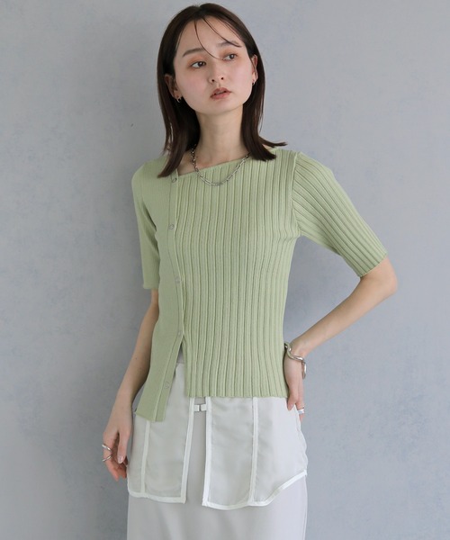 &g'aime(アンジェム)の「【&g'aime 】リブ切替半袖ニット Ribbed Panel Short-Sleeve Knit(Tシャツ/カットソー・レディース・ブルー/グリーン/ホワイト/ブラック・FREE)」の4枚目の写真