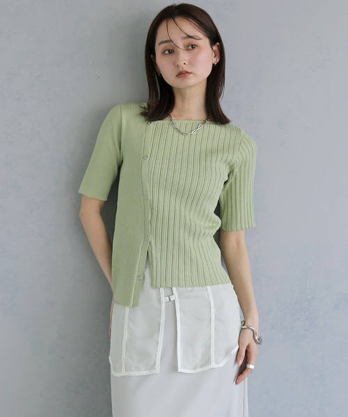 &g'aime(アンジェム)の「【&g'aime 】リブ切替半袖ニット Ribbed Panel Short-Sleeve Knit(Tシャツ/カットソー・レディース・ブルー/グリーン/ホワイト/ブラック・FREE)」の6枚目の写真