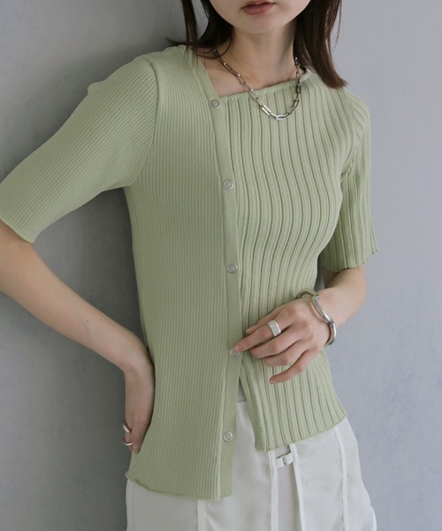 &g'aime(アンジェム)の「【&g'aime 】リブ切替半袖ニット Ribbed Panel Short-Sleeve Knit(Tシャツ/カットソー・レディース・ブルー/グリーン/ホワイト/ブラック・FREE)」の13枚目の写真