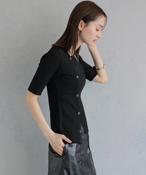 &g'aime(アンジェム)の「【&g'aime 】リブ切替半袖ニット Ribbed Panel Short-Sleeve Knit(Tシャツ/カットソー・レディース・ブルー/グリーン/ホワイト/ブラック・FREE)」の21枚目の写真