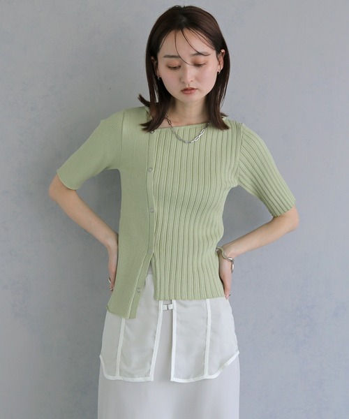 &g'aime(アンジェム)の「【&g'aime 】リブ切替半袖ニット Ribbed Panel Short-Sleeve Knit(Tシャツ/カットソー・レディース・ブルー/グリーン/ホワイト/ブラック・FREE)」の8枚目の写真