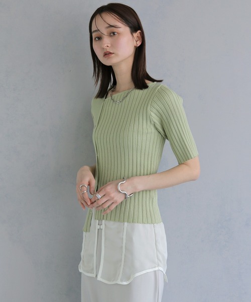 &g'aime(アンジェム)の「【&g'aime 】リブ切替半袖ニット Ribbed Panel Short-Sleeve Knit(Tシャツ/カットソー・レディース・ブルー/グリーン/ホワイト/ブラック・FREE)」の10枚目の写真