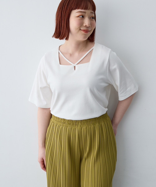 anyfee(エニフィー)の「【anyfee/大きいサイズ】着てサラ汗じみ防止クロスネックトップス/半袖Tシャツ《接触冷感・吸水速乾・UVカット》(Tシャツ/カットソー・レディース・オフホワイト/ピンク/ブラック/チャコール/ブルー/グリーン・LL/5L/3L/4L)」の22枚目の写真