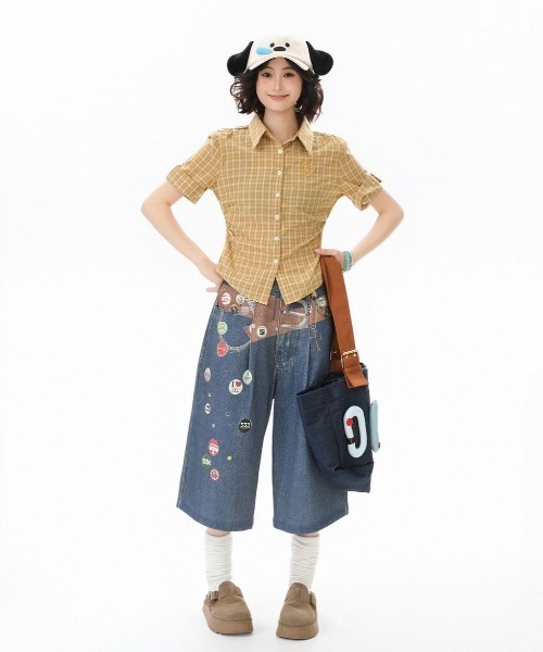 GEMEDA(ジェメダ)の「【韓国ガーリー】ハート刺繍チェック半袖シャツ 制服風ハート刺繍入りチェックシャツブラウス(シャツ/ブラウス・レディース・イエロー/ブルー・M)」の3枚目の写真