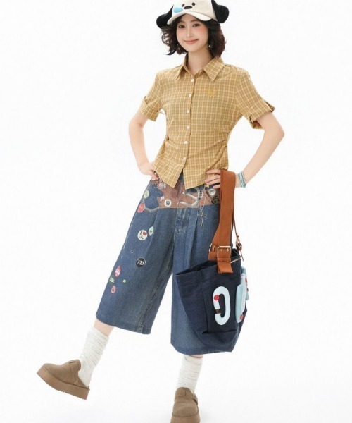 GEMEDA(ジェメダ)の「【韓国ガーリー】ハート刺繍チェック半袖シャツ 制服風ハート刺繍入りチェックシャツブラウス(シャツ/ブラウス・レディース・イエロー/ブルー・M)」の4枚目の写真