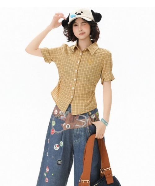 GEMEDA(ジェメダ)の「【韓国ガーリー】ハート刺繍チェック半袖シャツ 制服風ハート刺繍入りチェックシャツブラウス(シャツ/ブラウス・レディース・イエロー/ブルー・M)」の6枚目の写真