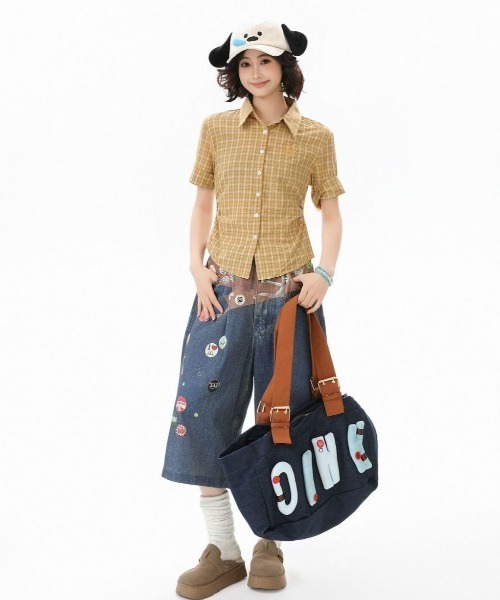 GEMEDA(ジェメダ)の「【韓国ガーリー】ハート刺繍チェック半袖シャツ 制服風ハート刺繍入りチェックシャツブラウス(シャツ/ブラウス・レディース・イエロー/ブルー・M)」の8枚目の写真