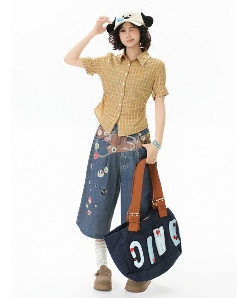 GEMEDA(ジェメダ)の「【韓国ガーリー】ハート刺繍チェック半袖シャツ 制服風ハート刺繍入りチェックシャツブラウス(シャツ/ブラウス・レディース・イエロー/ブルー・M)」の9枚目の写真