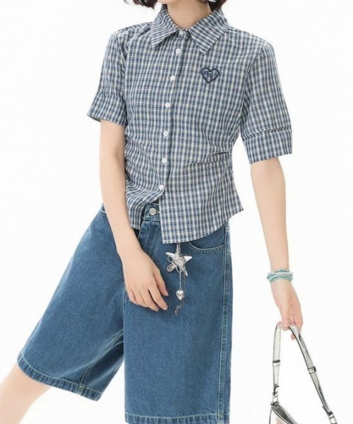 GEMEDA(ジェメダ)の「【韓国ガーリー】ハート刺繍チェック半袖シャツ 制服風ハート刺繍入りチェックシャツブラウス(シャツ/ブラウス・レディース・イエロー/ブルー・M)」の13枚目の写真