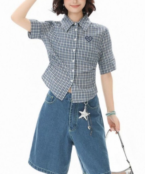 GEMEDA(ジェメダ)の「【韓国ガーリー】ハート刺繍チェック半袖シャツ 制服風ハート刺繍入りチェックシャツブラウス(シャツ/ブラウス・レディース・イエロー/ブルー・M)」の16枚目の写真