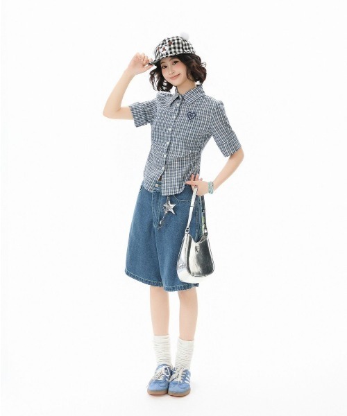GEMEDA(ジェメダ)の「【韓国ガーリー】ハート刺繍チェック半袖シャツ 制服風ハート刺繍入りチェックシャツブラウス(シャツ/ブラウス・レディース・イエロー/ブルー・M)」の17枚目の写真