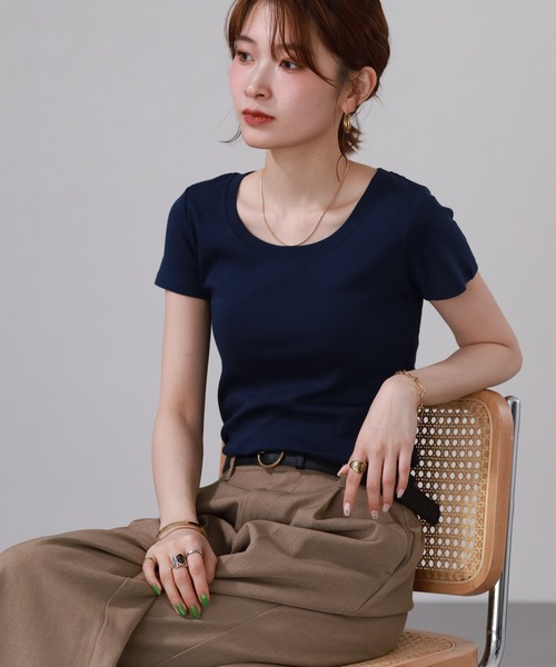 FUNALIVE(ファンアライブ)の「コットンフライス半袖Tシャツ(Tシャツ/カットソー・レディース・チャコールグレー/ブラック/ネイビー/杢グレー・3L/M/L/LL)」の19枚目の写真