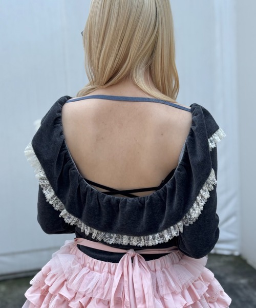 HONEY MI HONEY（ハニーミーハニー）の「velour lace back open tops（Tシャツ/カットソー・レディース・ピンク/チャコールグレー/ブラック・FREE）」の8枚目の写真