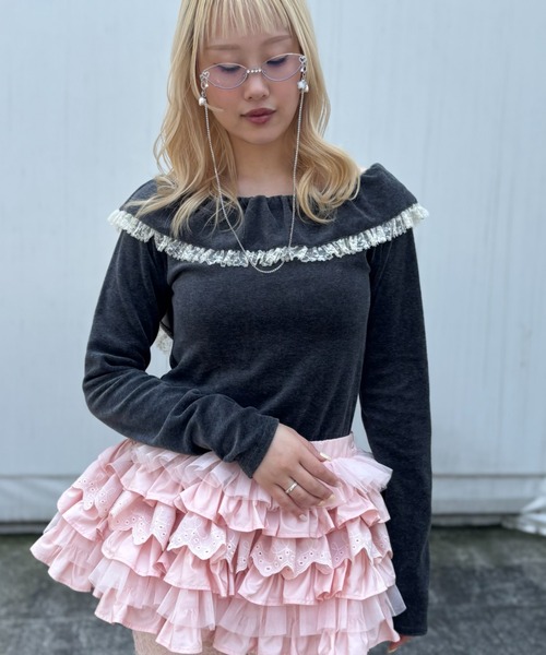 HONEY MI HONEY（ハニーミーハニー）の「velour lace back open tops（Tシャツ/カットソー・レディース・ピンク/チャコールグレー/ブラック・FREE）」の7枚目の写真