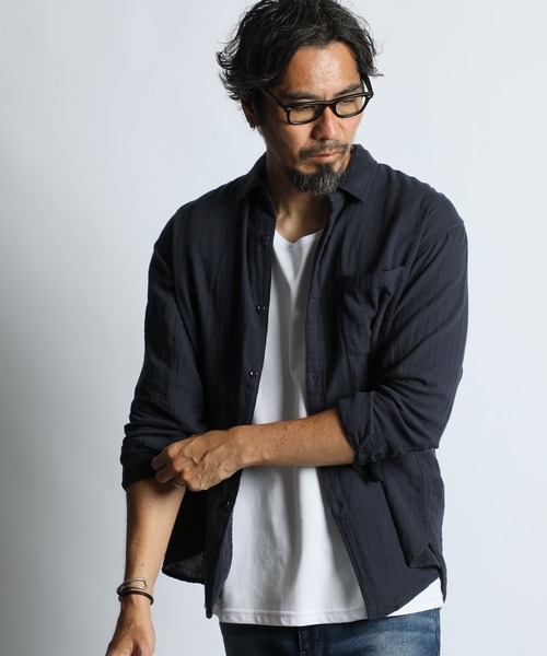 The DUFFER of ST.GEORGE(ザダファーオブセントジョージ)の「GARMENT-DYE DOUBLE GAUZE L/S SHIRT:製品染め ダブルガーゼ リラックスカジュアルシャツ / 接結ガーゼ / ガーメントダイ / 製品染め / フェード感(シャツ/ブラウス・メンズ・ネイビー/ブラック・X-LARGE/LARGE/MEDIUM/SMALL)」の5枚目の写真