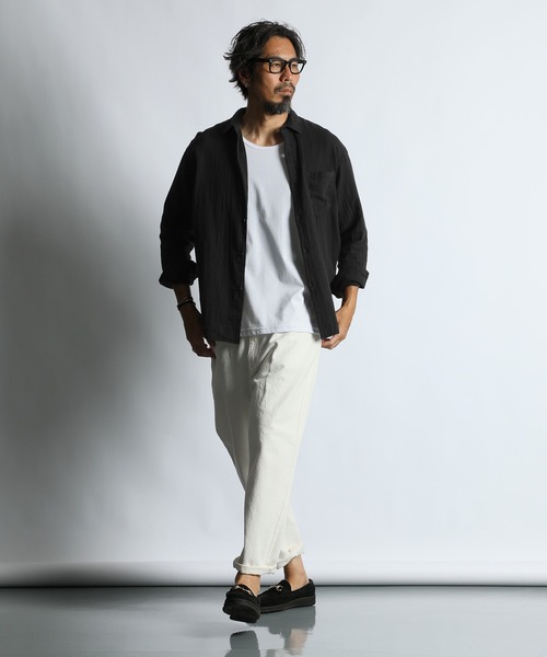The DUFFER of ST.GEORGE(ザダファーオブセントジョージ)の「GARMENT-DYE DOUBLE GAUZE L/S SHIRT:製品染め ダブルガーゼ リラックスカジュアルシャツ / 接結ガーゼ / ガーメントダイ / 製品染め / フェード感(シャツ/ブラウス・メンズ・ネイビー/ブラック・X-LARGE/LARGE/MEDIUM/SMALL)」の4枚目の写真