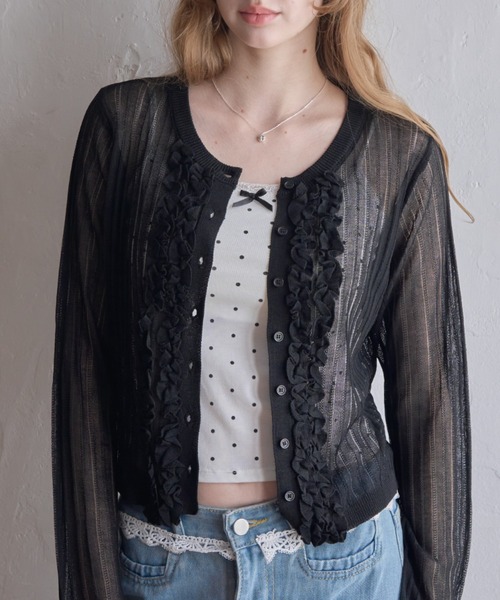 Birthday room（バースデイルーム）の「フロントフリルシアーカーディガン/Sheer Cardigan with Front Ruffles（カーディガン/ボレロ・レディース・ブラック/グレー・FREE）」の2枚目の写真
