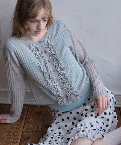 Birthday room（バースデイルーム）の「フロントフリルシアーカーディガン/Sheer Cardigan with Front Ruffles（カーディガン/ボレロ・レディース・ブラック/グレー・FREE）」の5枚目の写真