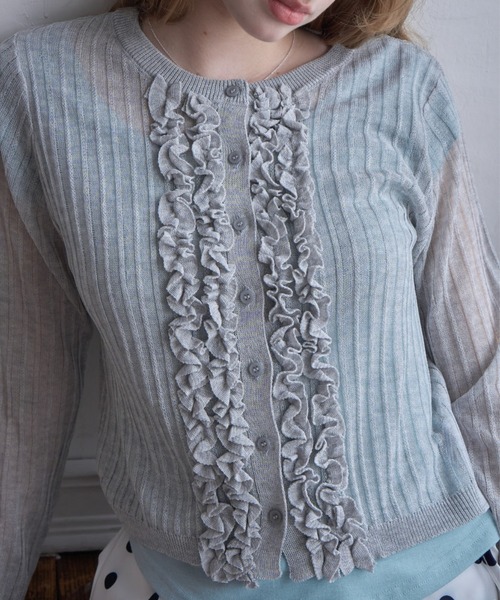 Birthday room（バースデイルーム）の「フロントフリルシアーカーディガン/Sheer Cardigan with Front Ruffles（カーディガン/ボレロ・レディース・ブラック/グレー・FREE）」の6枚目の写真