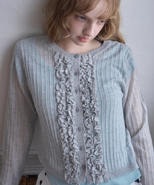 Birthday room（バースデイルーム）の「フロントフリルシアーカーディガン/Sheer Cardigan with Front Ruffles（カーディガン/ボレロ・レディース・ブラック/グレー・FREE）」の7枚目の写真