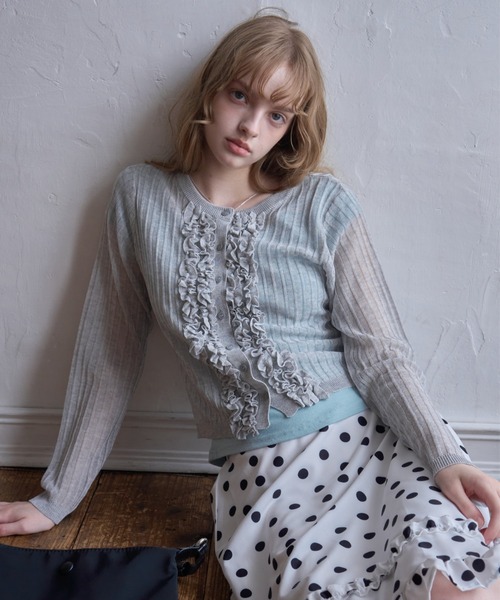 Birthday room（バースデイルーム）の「フロントフリルシアーカーディガン/Sheer Cardigan with Front Ruffles（カーディガン/ボレロ・レディース・ブラック/グレー・FREE）」の8枚目の写真
