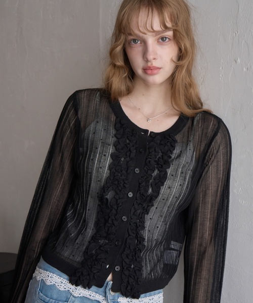Birthday room（バースデイルーム）の「フロントフリルシアーカーディガン/Sheer Cardigan with Front Ruffles（カーディガン/ボレロ・レディース・ブラック/グレー・FREE）」の9枚目の写真