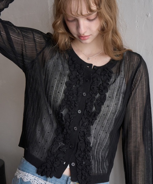 Birthday room（バースデイルーム）の「フロントフリルシアーカーディガン/Sheer Cardigan with Front Ruffles（カーディガン/ボレロ・レディース・ブラック/グレー・FREE）」の10枚目の写真