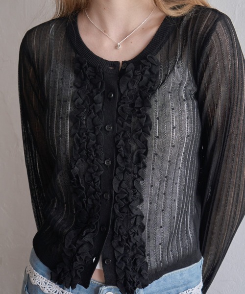 Birthday room（バースデイルーム）の「フロントフリルシアーカーディガン/Sheer Cardigan with Front Ruffles（カーディガン/ボレロ・レディース・ブラック/グレー・FREE）」の11枚目の写真