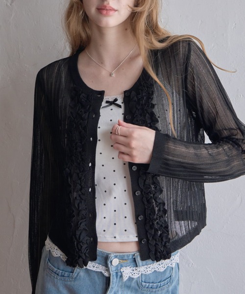 Birthday room（バースデイルーム）の「フロントフリルシアーカーディガン/Sheer Cardigan with Front Ruffles（カーディガン/ボレロ・レディース・ブラック/グレー・FREE）」の3枚目の写真
