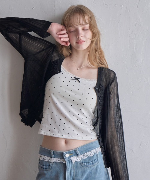 Birthday room（バースデイルーム）の「フロントフリルシアーカーディガン/Sheer Cardigan with Front Ruffles（カーディガン/ボレロ・レディース・ブラック/グレー・FREE）」の4枚目の写真