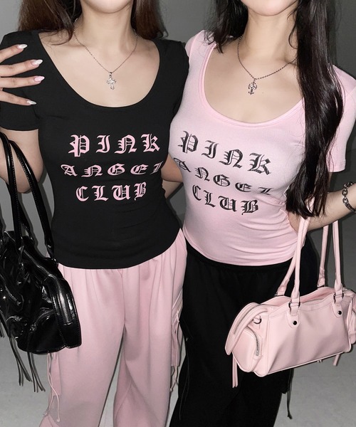 me+em select（ミームセレクト）の「【 PINK ANGEL CLUB 】グランジロゴスリムフィットＴシャツ ／  PINK ANGEL CLUB grunge logo slim fit T-shirts（Tシャツ/カットソー・レディース・ブラック/ホワイト/ピンク・FREE）」の6枚目の写真