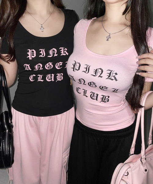 me+em select（ミームセレクト）の「【 PINK ANGEL CLUB 】グランジロゴスリムフィットＴシャツ ／  PINK ANGEL CLUB grunge logo slim fit T-shirts（Tシャツ/カットソー・レディース・ブラック/ホワイト/ピンク・FREE）」の5枚目の写真