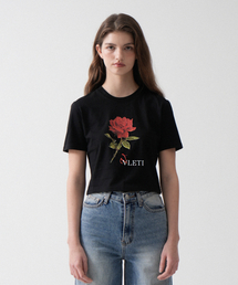 Rose Art Work Printing Crop T-shirt (Black)