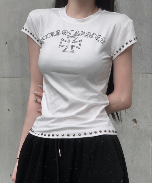 KsG(ケーエスジー)の「アイコンダブルスタッズTシャツ(Tシャツ/カットソー・レディース・ホワイト/ブラック・SMALL/MEDIUM)」の1枚目の写真