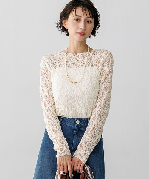23区(ニジュウサンク)の「コットンミックスレース ボトルネックプルオーバー(Tシャツ/カットソー・レディース・アイボリー系・38)」の1枚目の写真