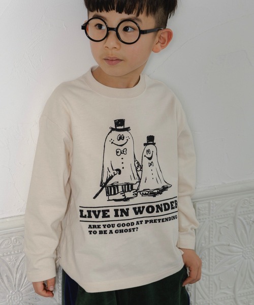 MAKE YOUR DAY(メイクユアデイ)の「不思議の国のゴースト長袖Tシャツ■80~140cm(Tシャツ/カットソー・キッズ・レッド/アイボリー・80/90/100/110/140/120/130)」の1枚目の写真