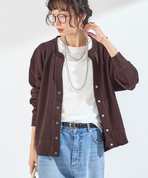 SHIPS Colors(シップス カラーズ)の「SHIPS Colors:〈手洗い可能〉変形 ワッフル スキッパー カーディガン◆(カーディガン/ボレロ・レディース・ライトブルー/ネイビー/ブラウン/オフホワイト・ONE SIZE)」の2枚目の写真